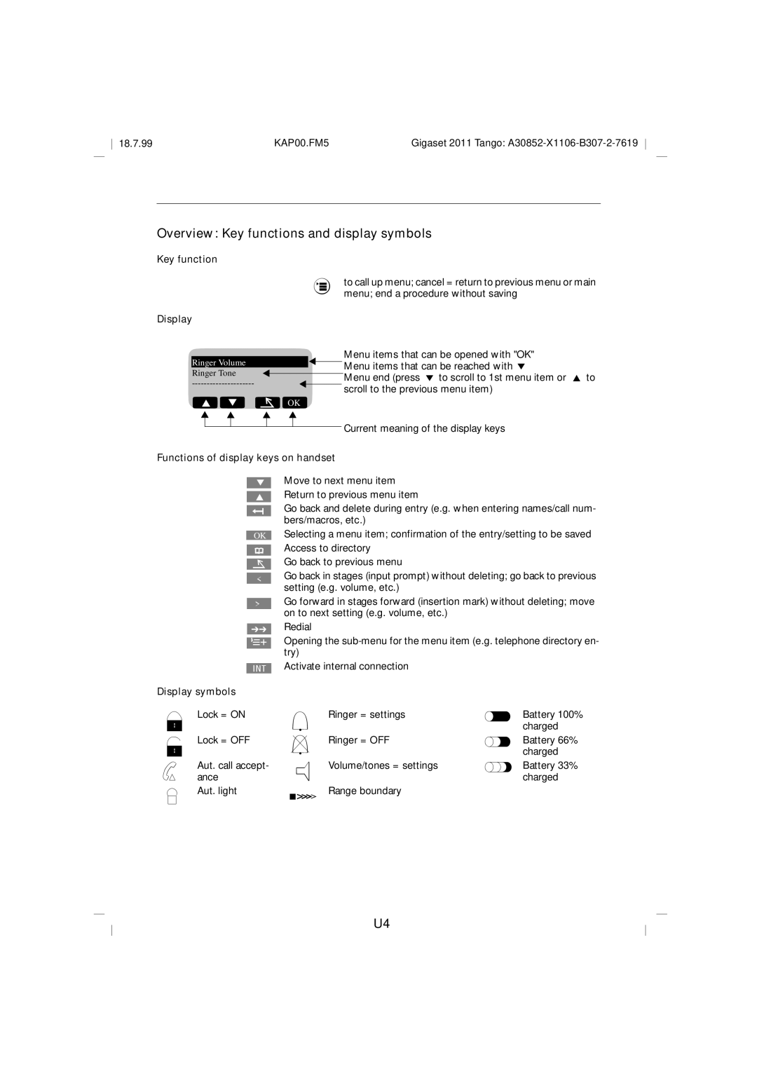 Siemens 2011 Tango operating instructions Overview Key functions and display symbols, Display symbols 