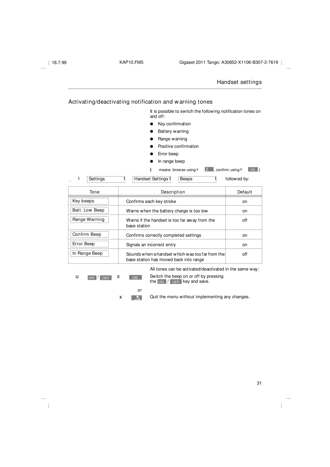 Siemens 2011 Tango Settings t Handset Settings t Beepst followed by, Base station has moved back into range 