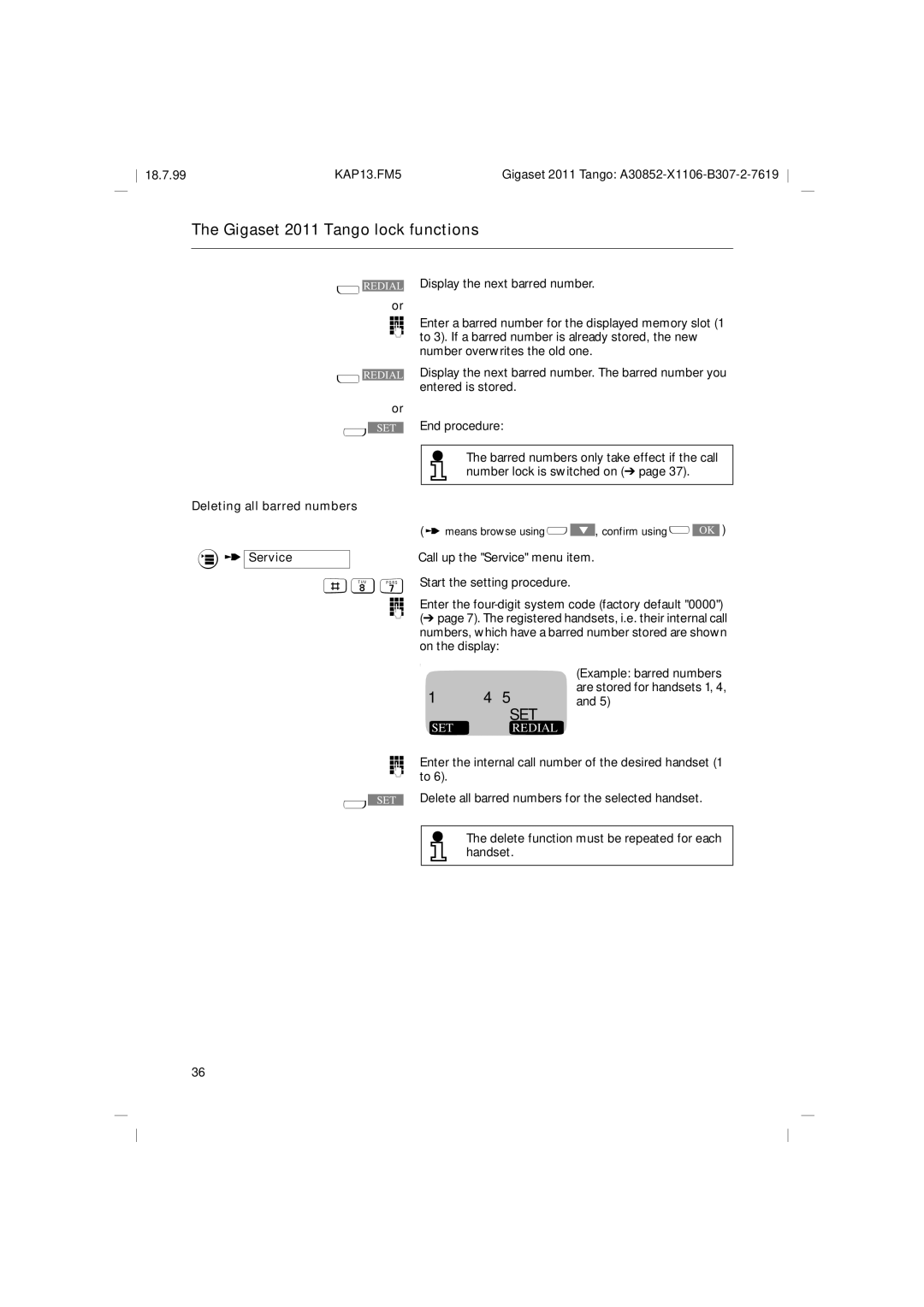 Siemens 2011 Tango operating instructions Deleting all barred numbers 