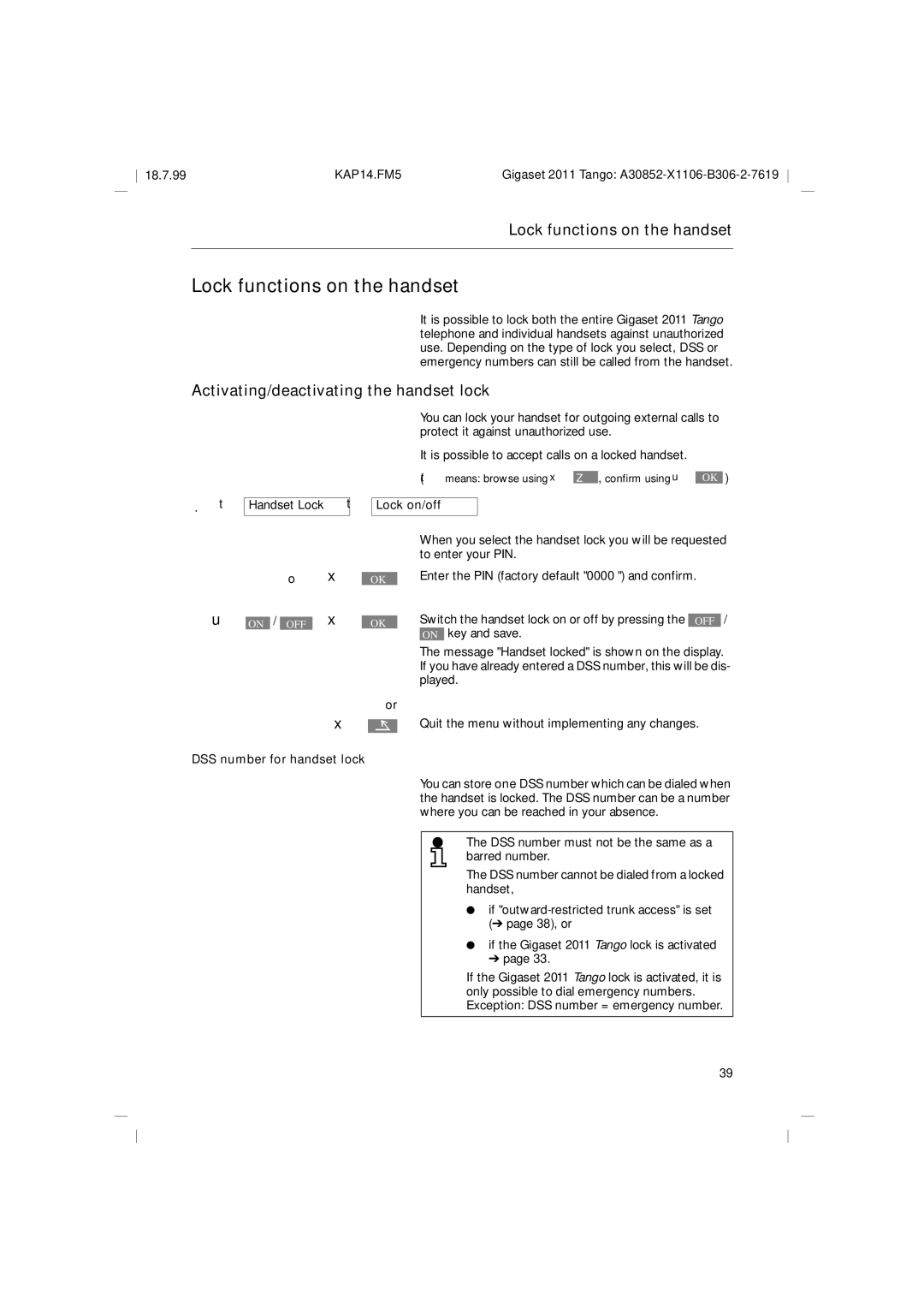 Siemens 2011 Tango Lock functions on the handset, Activating/deactivating the handset lock, Handset Lock t Lock on/off 