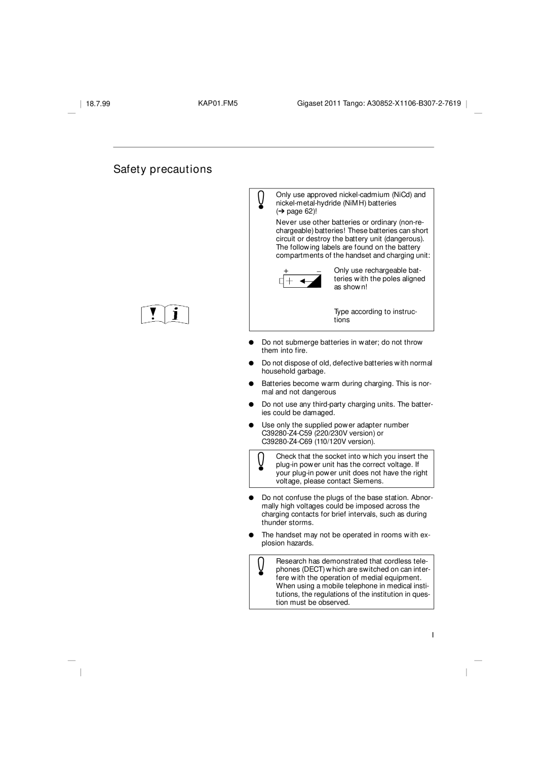 Siemens 2011 Tango Safety precautions, Only use rechargeable bat, As shown, Type according to instruc, Tions 