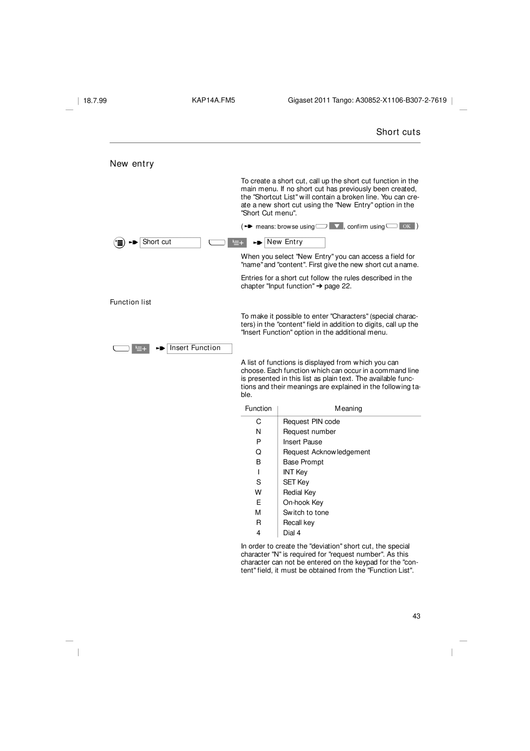 Siemens 2011 Tango operating instructions Short cuts New entry, T New Entry, Function list, Insert Function 