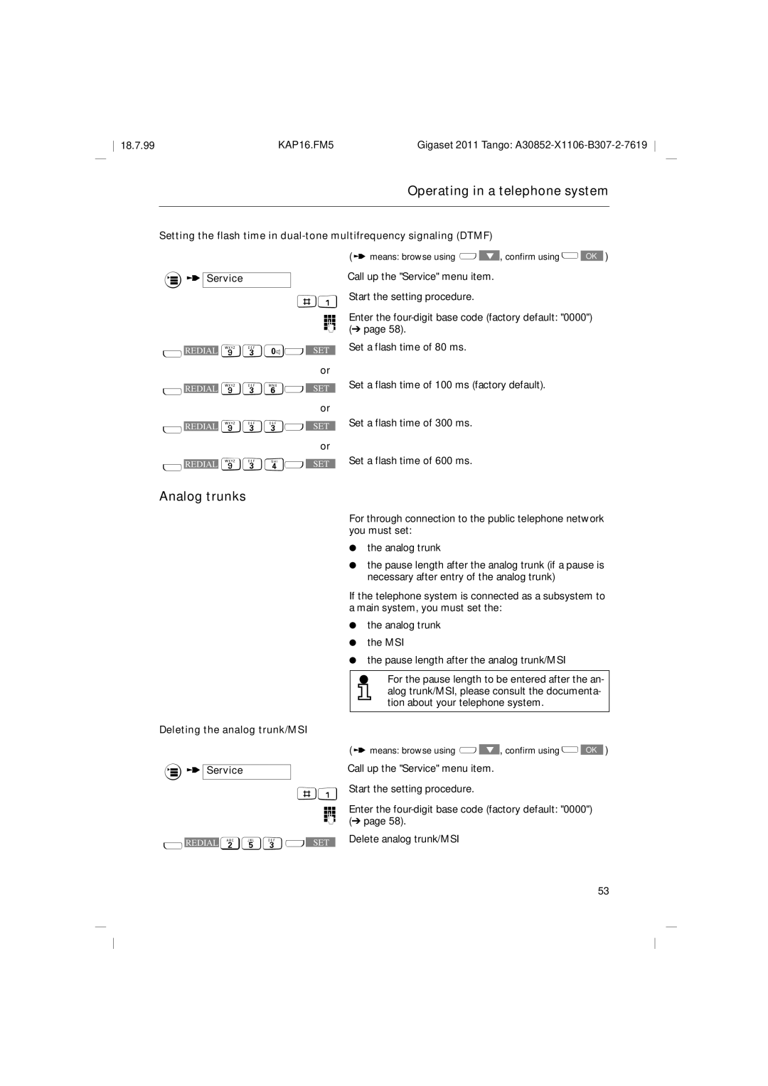 Siemens 2011 Tango operating instructions Analog trunks, Deleting the analog trunk/MSI, Delete analog trunk/MSI 