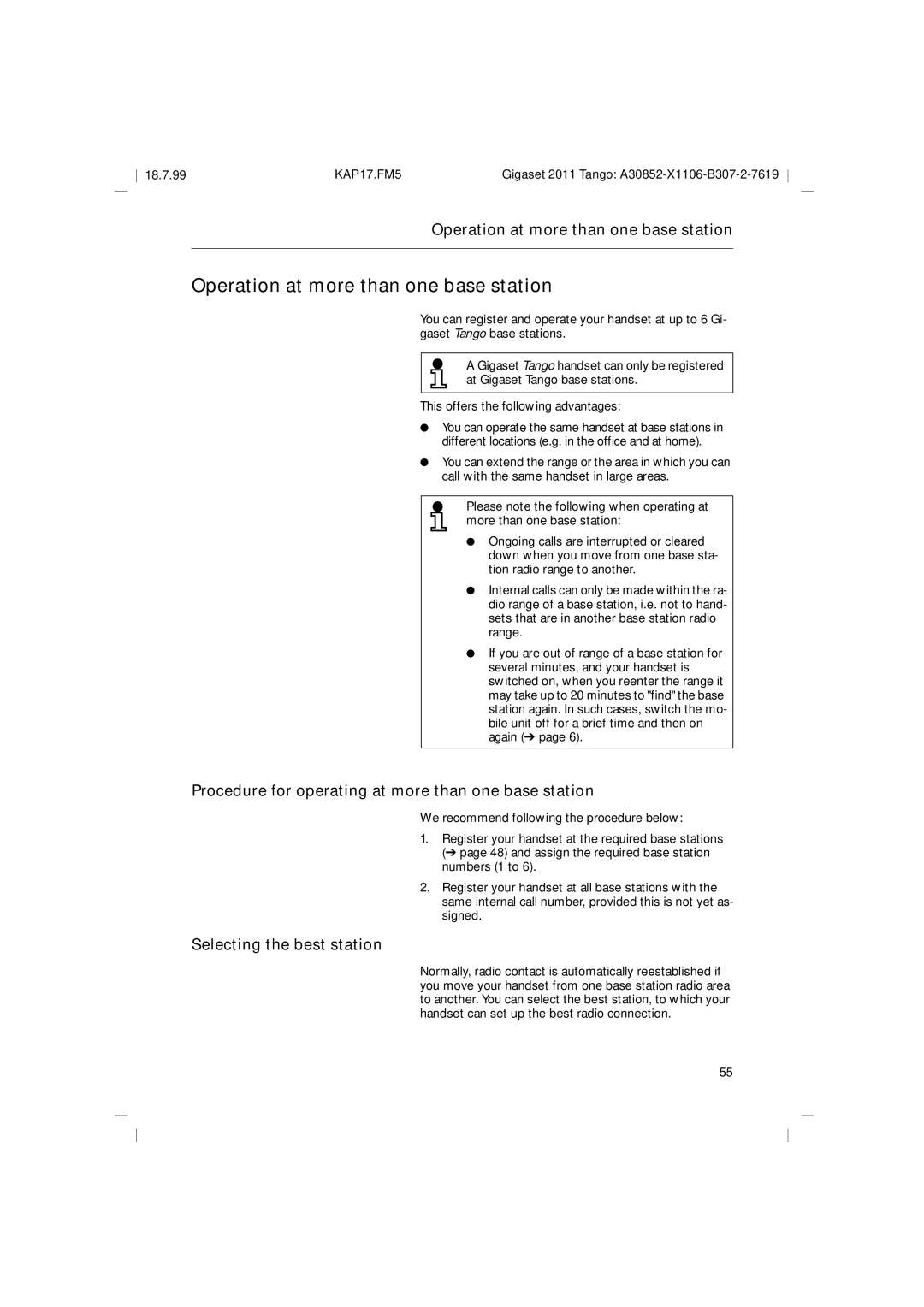 Siemens 2011 Tango Operation at more than one base station, Procedure for operating at more than one base station 