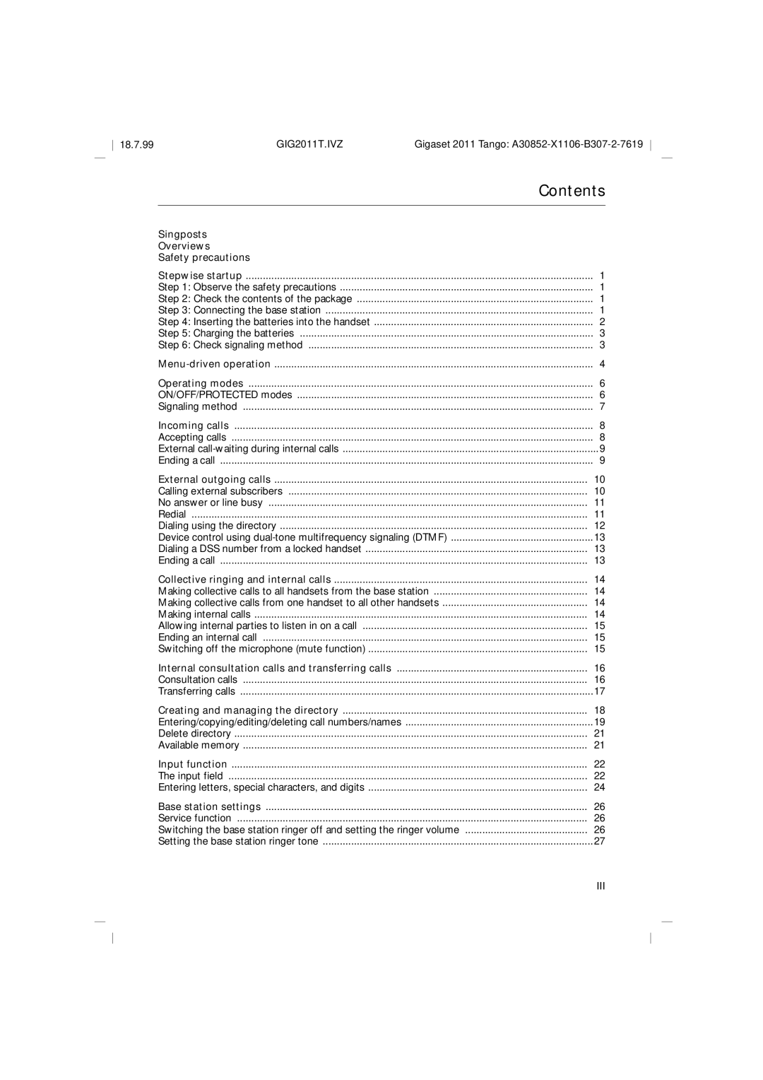 Siemens 2011 Tango operating instructions Contents 