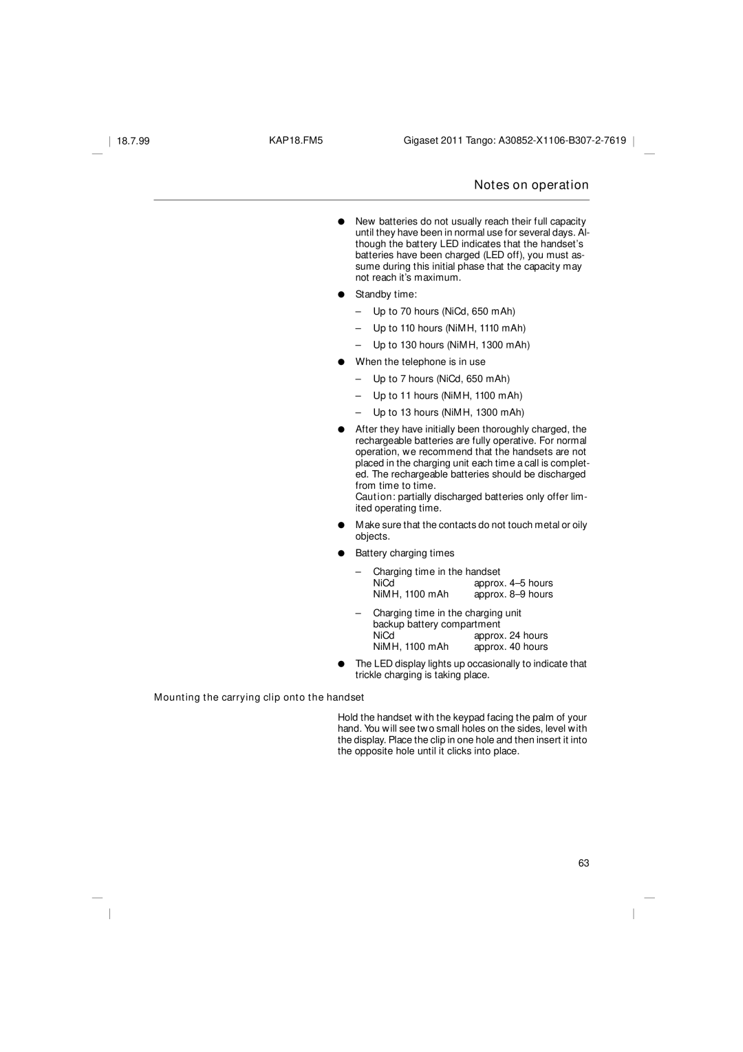 Siemens 2011 Tango operating instructions NiMH, 1100 mAh, Mounting the carrying clip onto the handset 