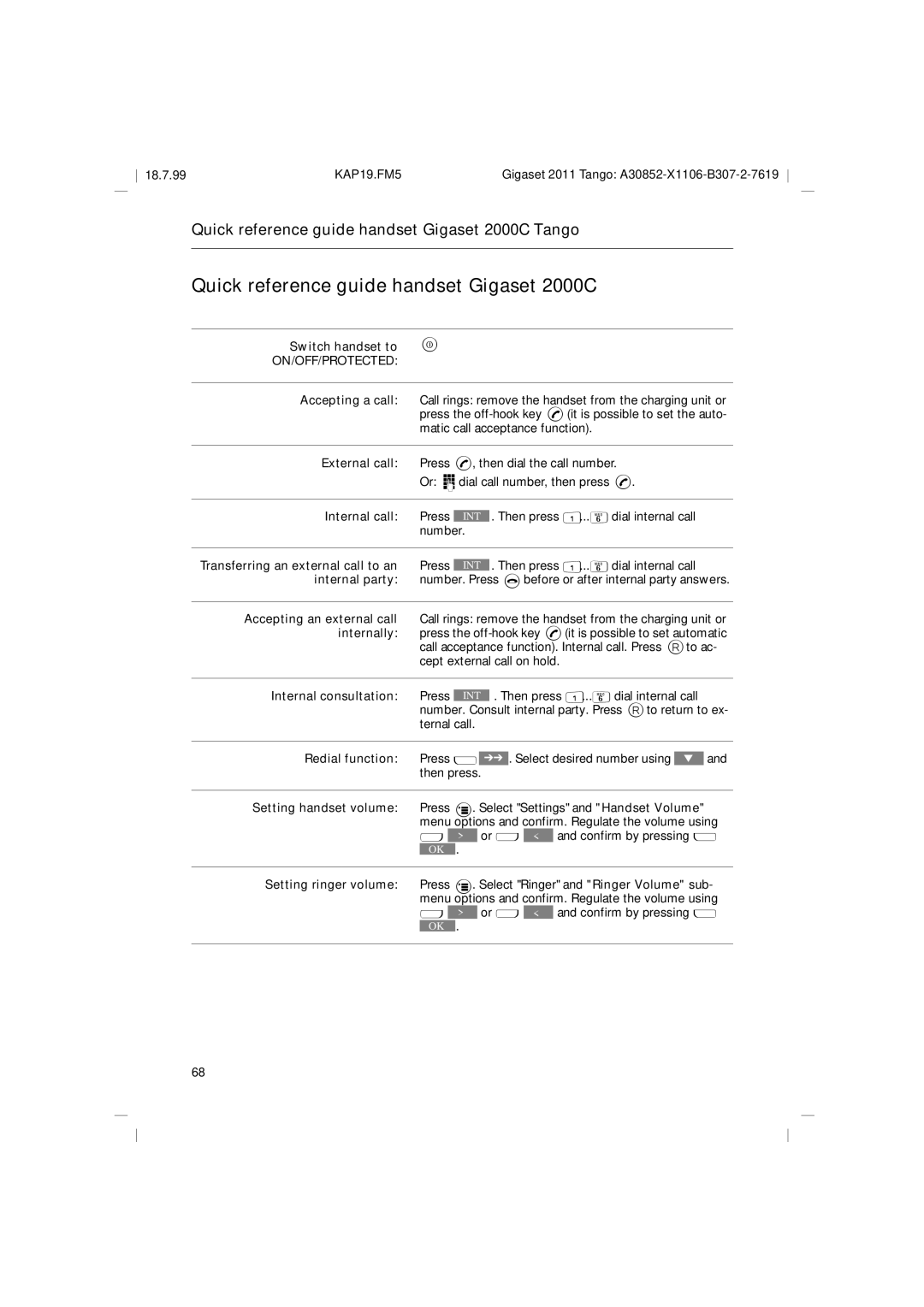 Siemens 2011 Tango operating instructions Quick reference guide handset Gigaset 2000C Tango 