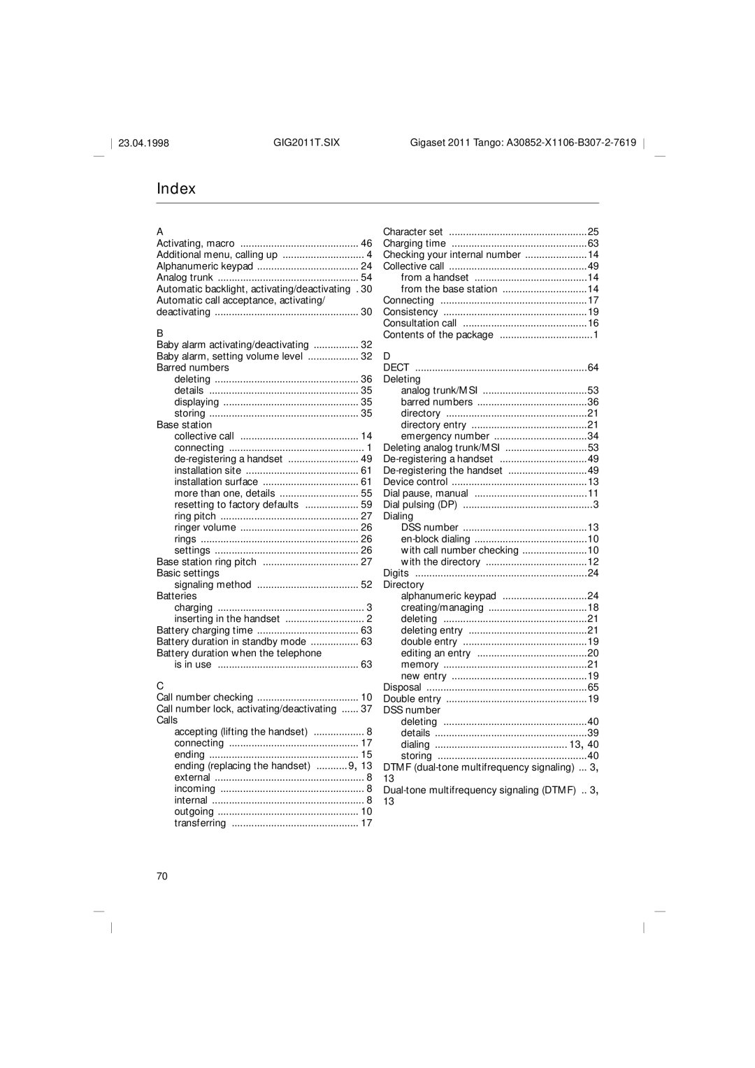 Siemens 2011 Tango operating instructions Index 