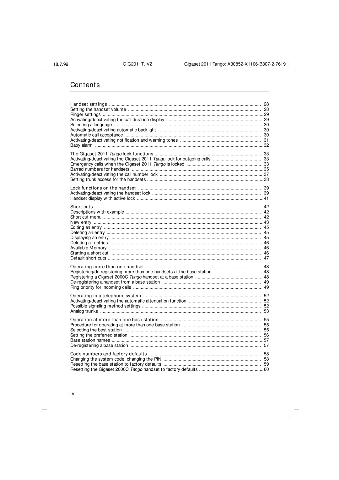 Siemens 2011 Tango operating instructions Contents 