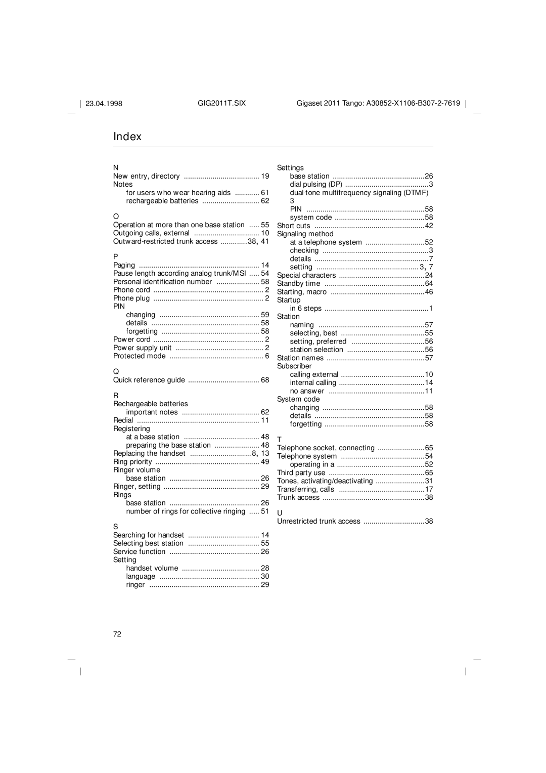 Siemens 2011 Tango Settings, Operation at more than one base station, Signaling method, Startup, Subscriber, Registering 