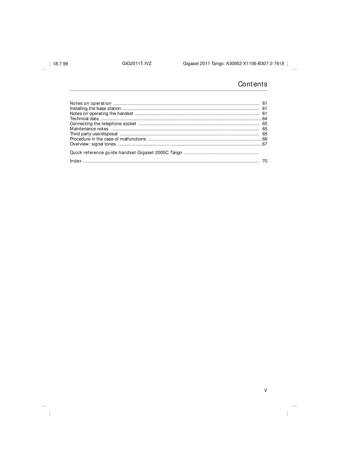 Siemens 2011 Tango operating instructions Index 