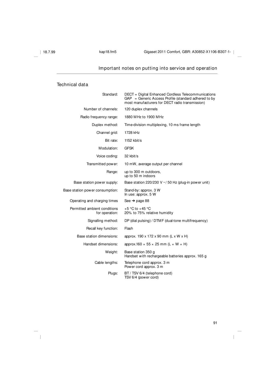 Siemens 2011 Standard, Most manufacturers for Dect radio transmission, Stand-by approx W, Use approx W 