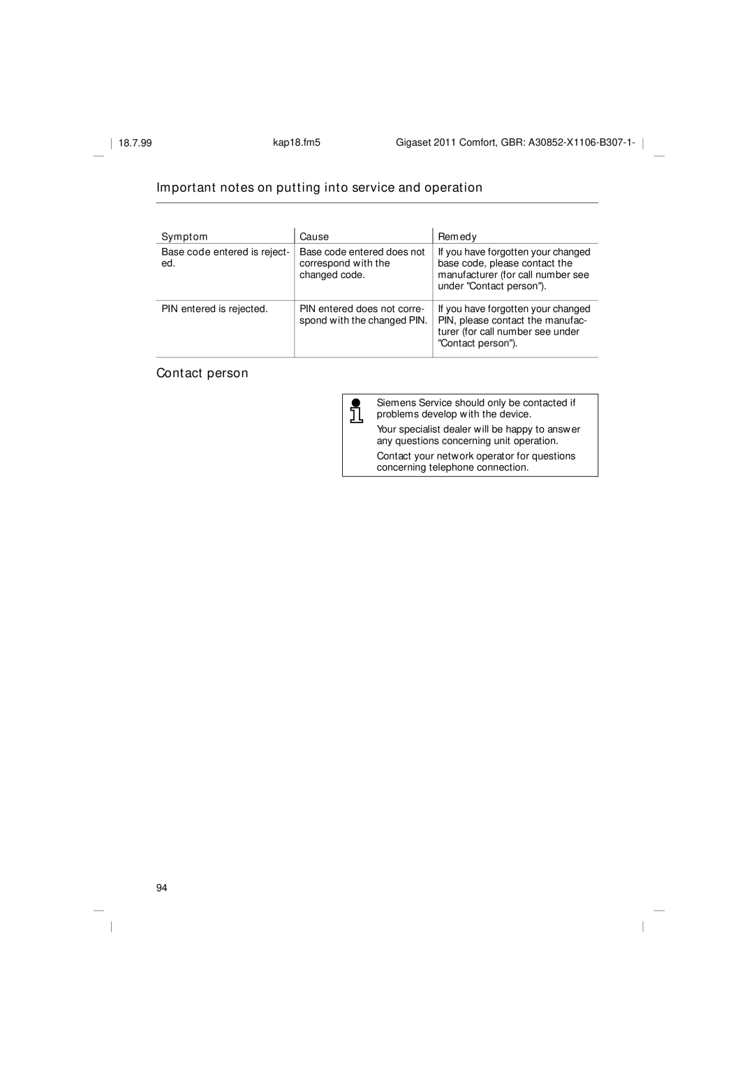 Siemens 2011 operating instructions Contact person, Base code entered does not 