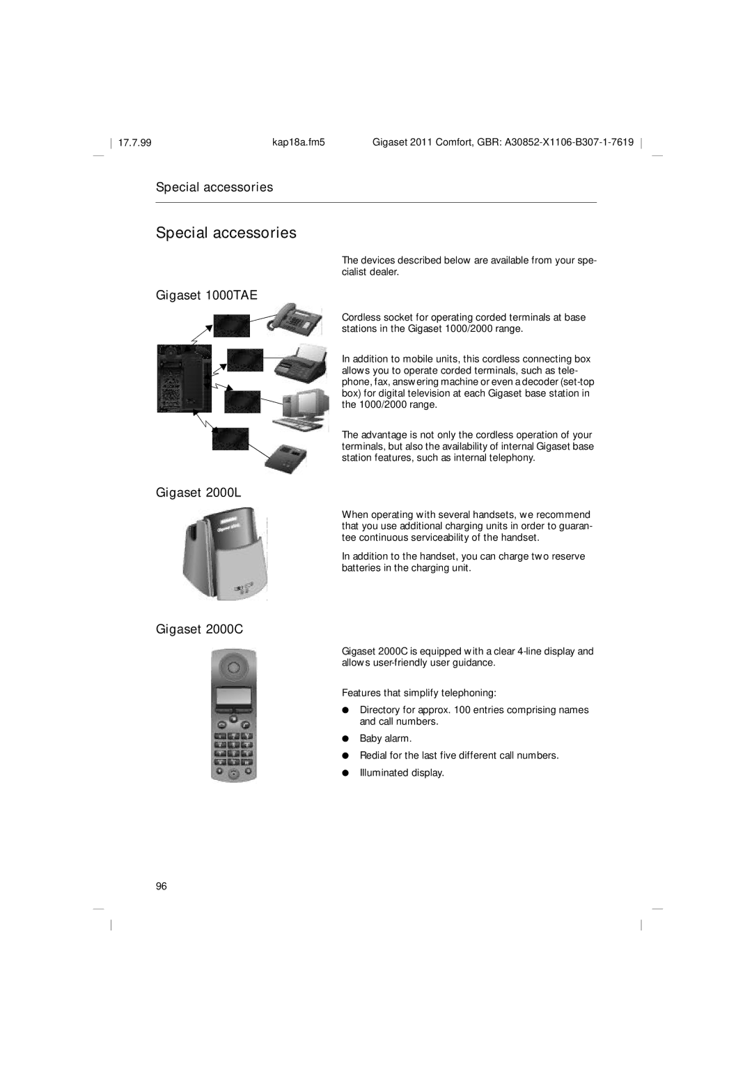 Siemens 2011 operating instructions Special accessories, Gigaset 1000TAE, Gigaset 2000L, Gigaset 2000C 