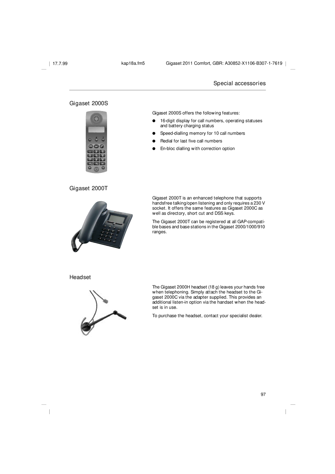 Siemens 2011 operating instructions Special accessories Gigaset 2000S, Gigaset 2000T, Headset 