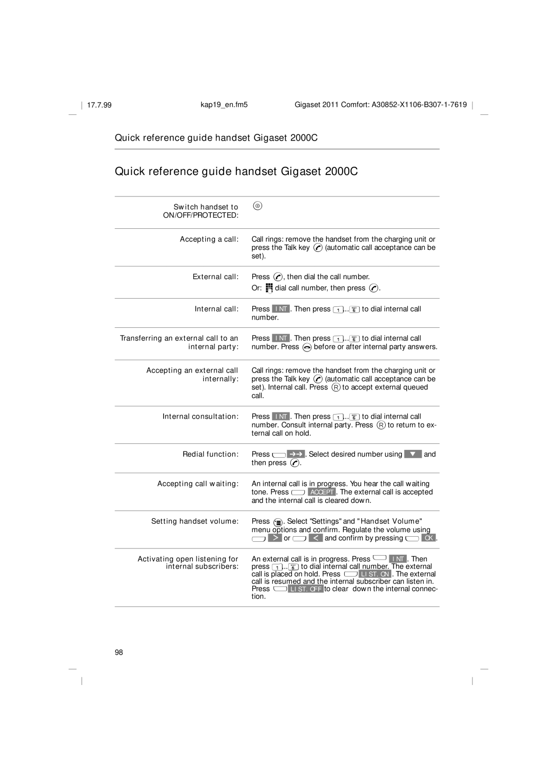 Siemens 2011 operating instructions Quick reference guide handset Gigaset 2000C 