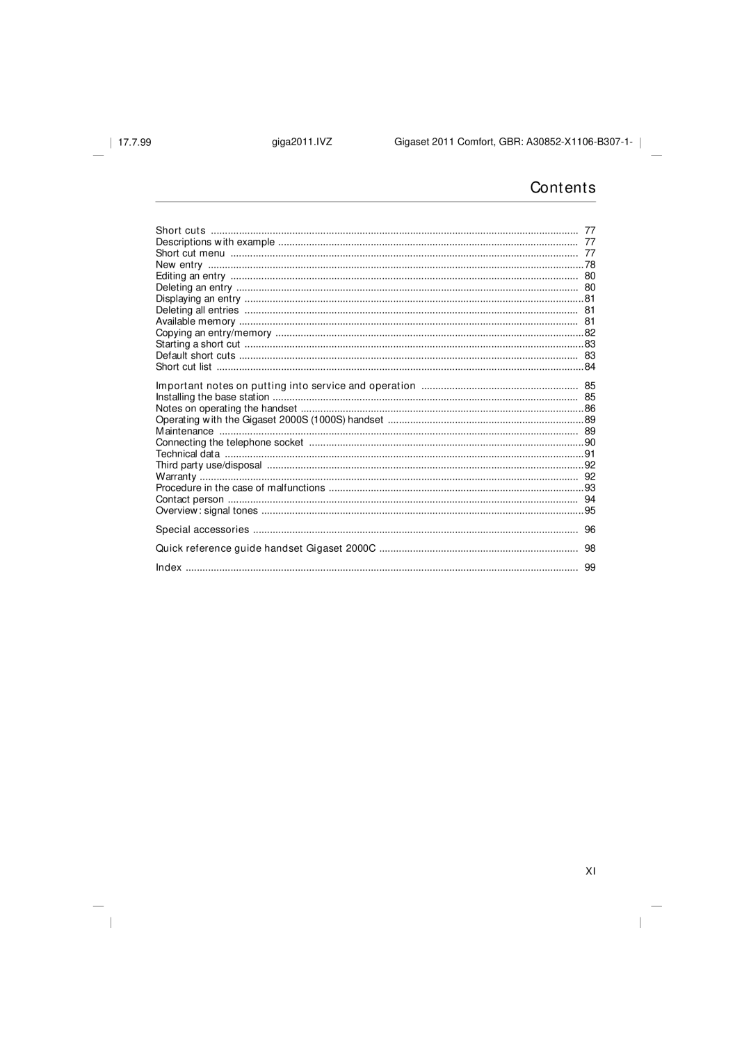 Siemens 2011 operating instructions Short cuts 