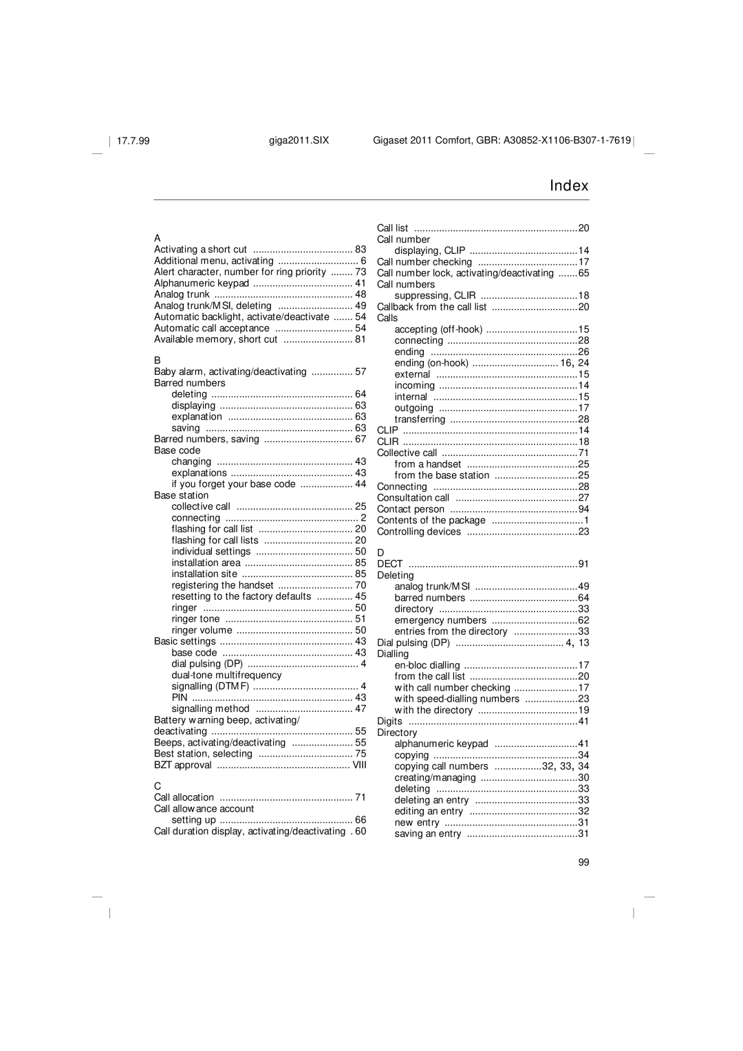 Siemens 2011 operating instructions Index 