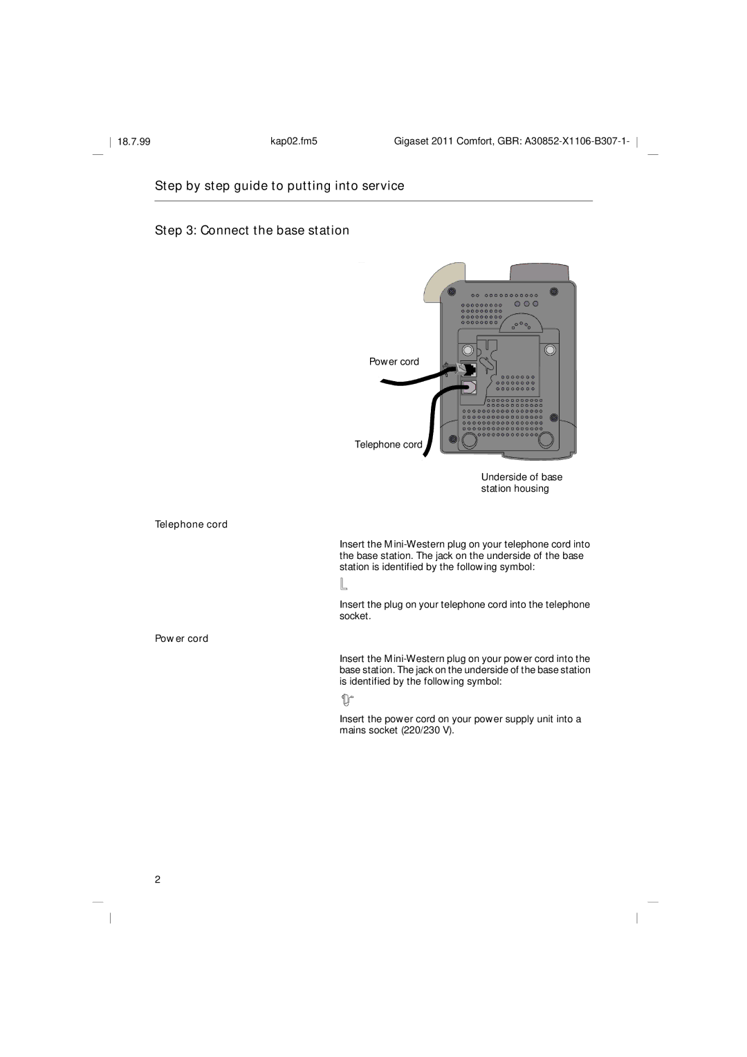 Siemens 2011 operating instructions Underside of base station housing, Telephone cord, Power cord 