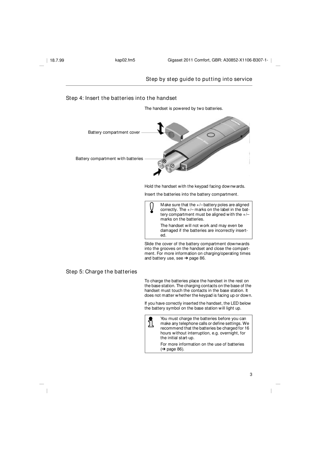 Siemens 2011 operating instructions Charge the batteries 