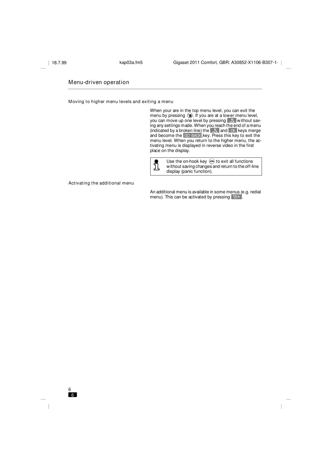 Siemens 2011 operating instructions Moving to higher menu levels and exiting a menu, Activating the additional menu 