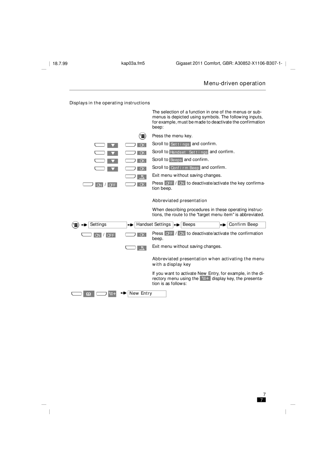 Siemens 2011 Displays in the operating instructions, Abbreviated presentation, Handset Settings Beeps Confirm Beep 