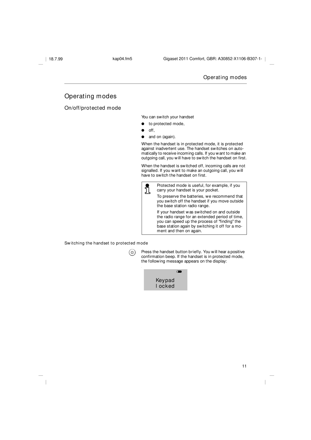 Siemens 2011 Operating modes, On/off/protected mode, You can switch your handset To protected mode Off On again 