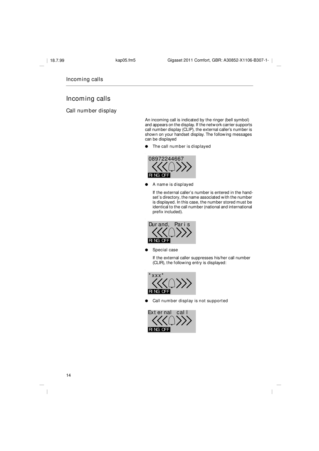 Siemens 2011 operating instructions Incoming calls, Call number display 