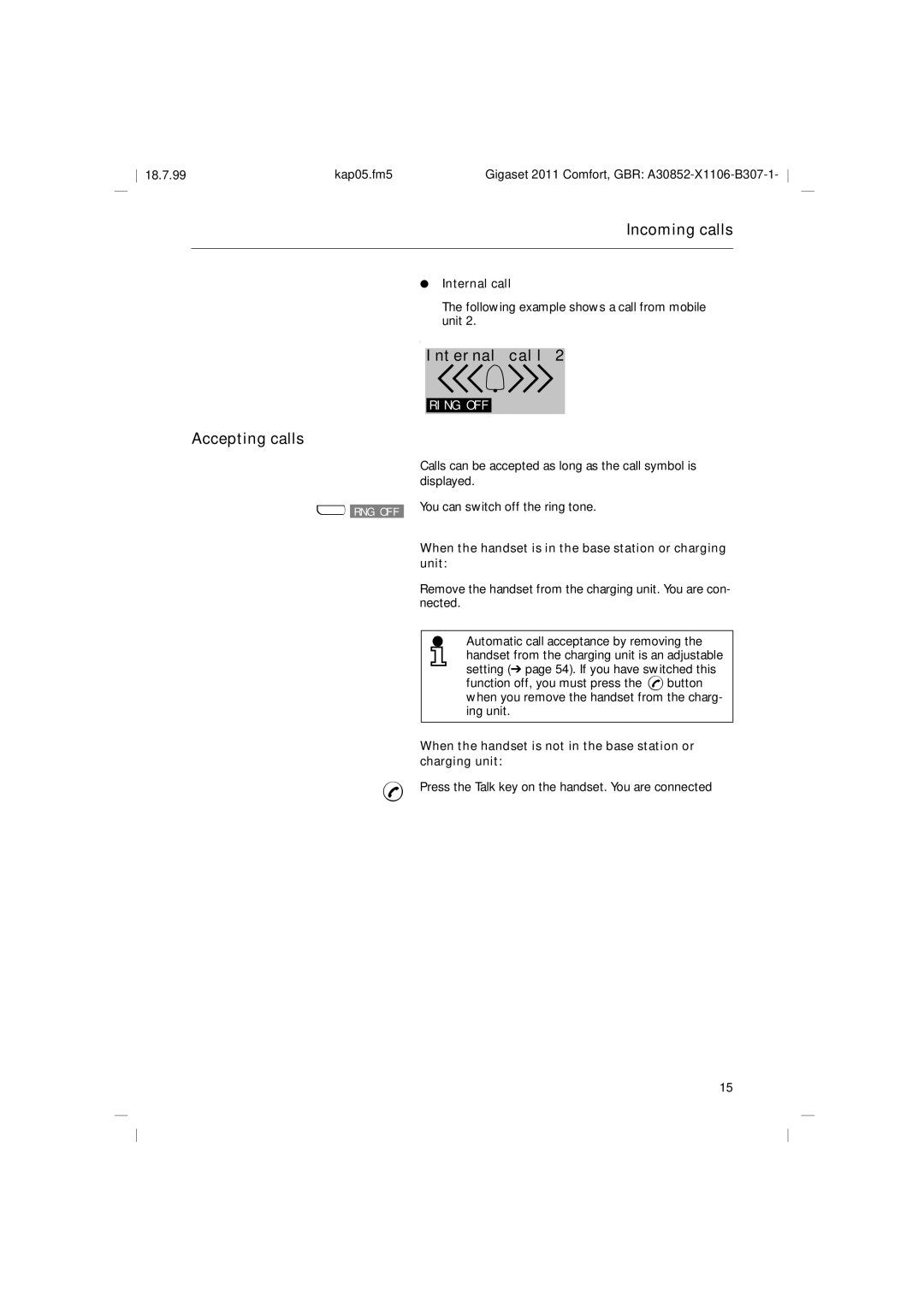 Siemens 2011 operating instructions Accepting calls, Internal call, Following example shows a call from mobile unit 