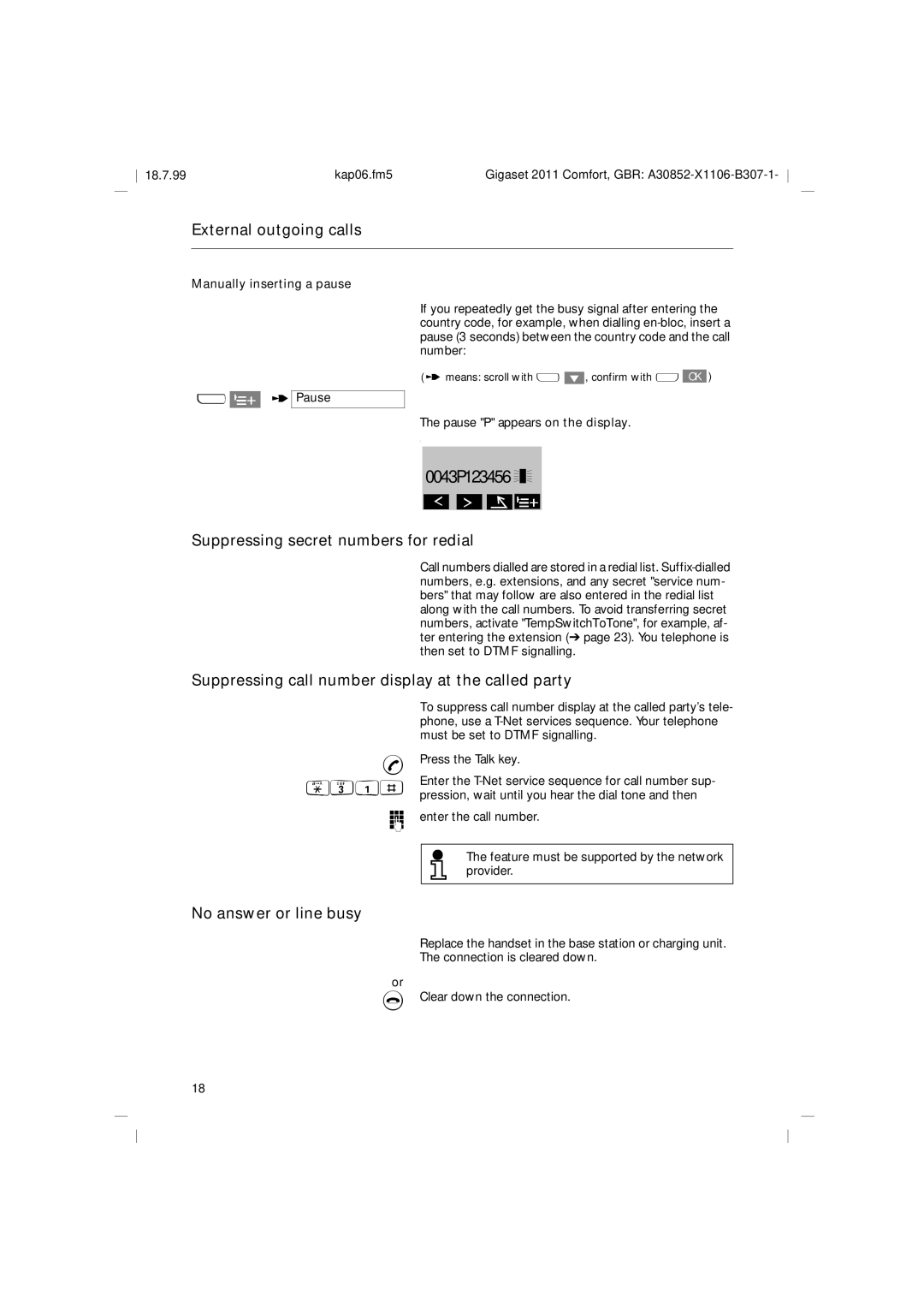 Siemens 2011 Suppressing secret numbers for redial, Suppressing call number display at the called party, Pause 