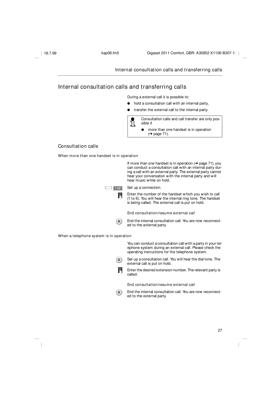 Siemens 2011 operating instructions Internal consultation calls and transferring calls, Consultation calls 