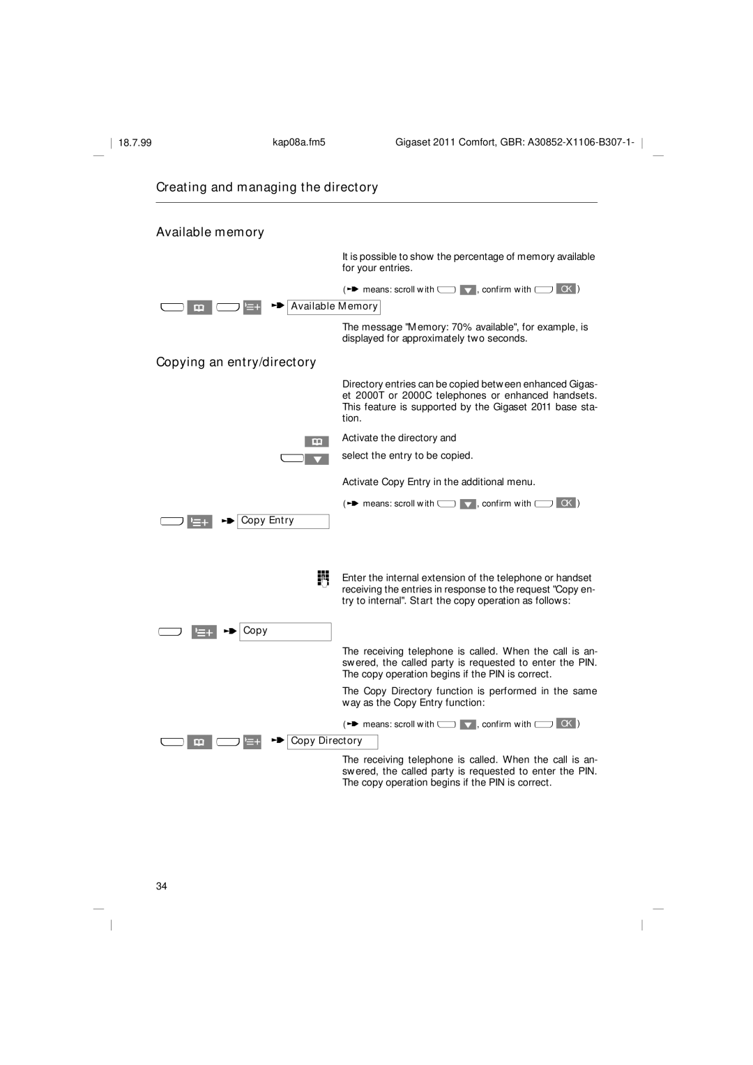 Siemens 2011 Creating and managing the directory Available memory, Copying an entry/directory, XW t Available Memory 