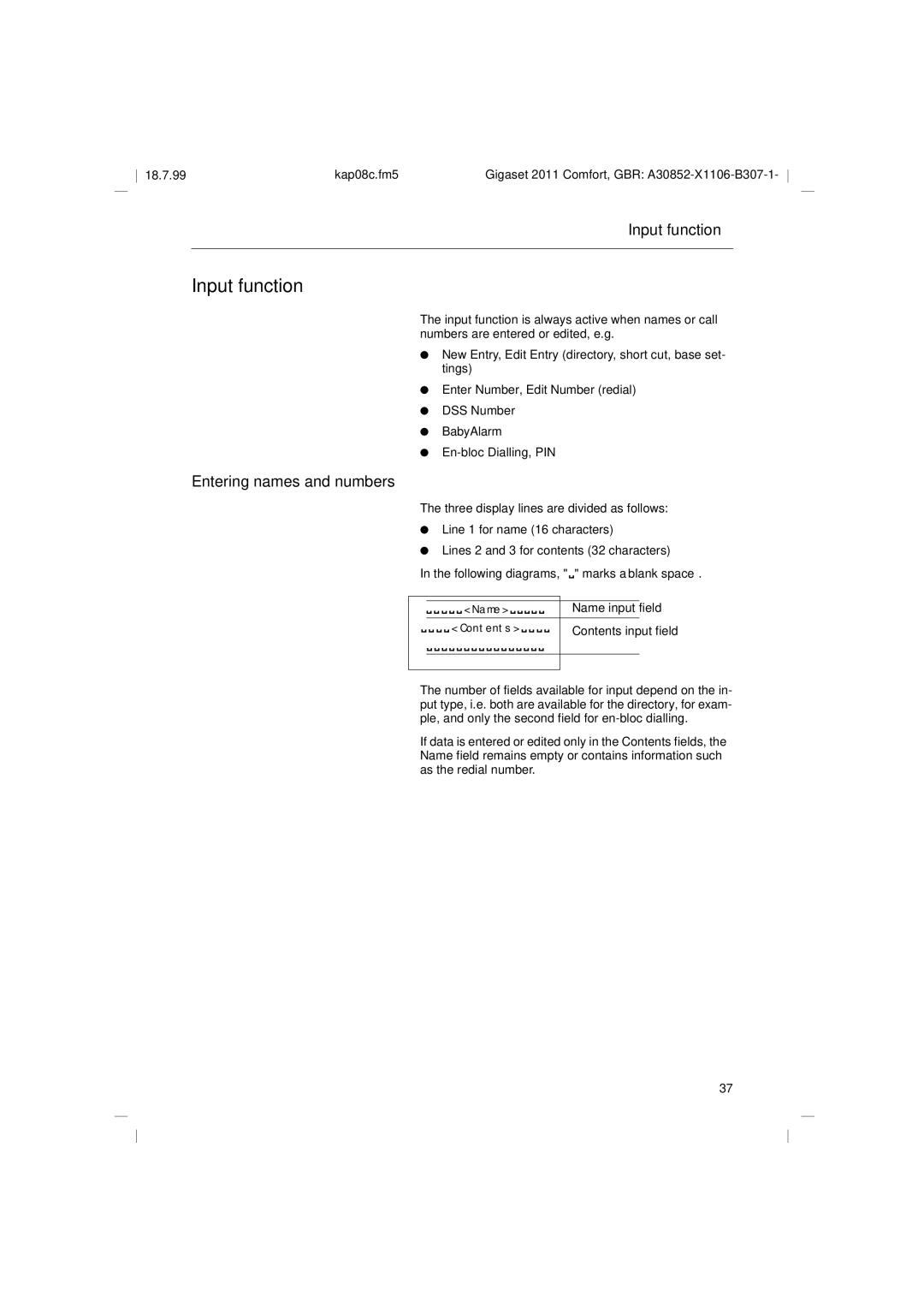 Siemens 2011 operating instructions Input function, Entering names and numbers, Name input field, Contents input field 