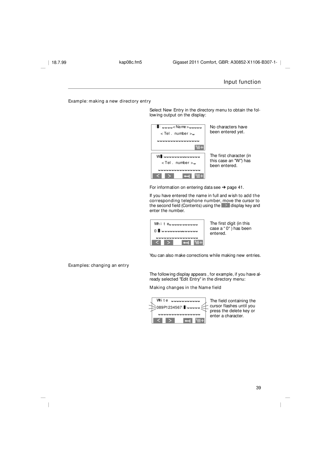 Siemens 2011 Example making a new directory entry, Examples changing an entry, Making changes in the Name field 