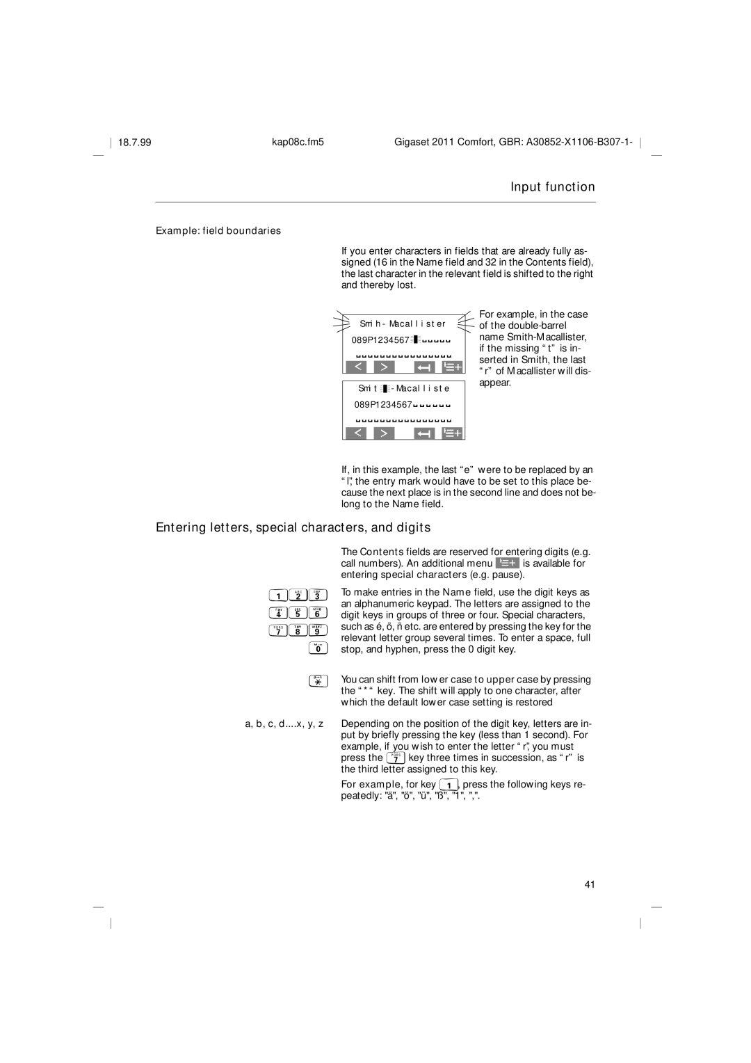 Siemens 2011 operating instructions Entering letters, special characters, and digits, Example field boundaries, 123 789 