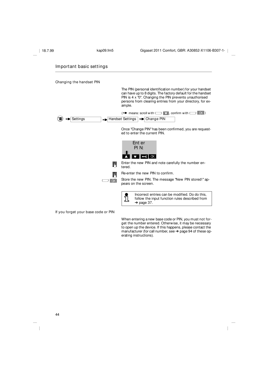 Siemens 2011 operating instructions Changing the handset PIN, If you forget your base code or PIN 