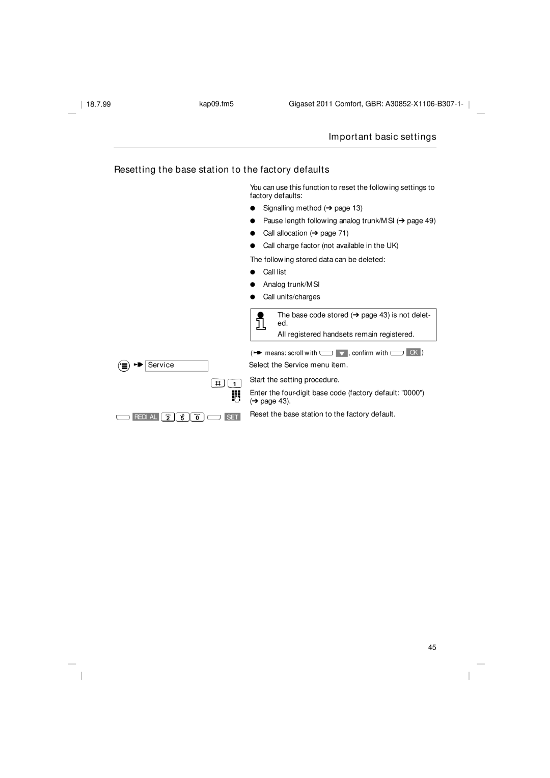 Siemens 2011 operating instructions Reset the base station to the factory default 