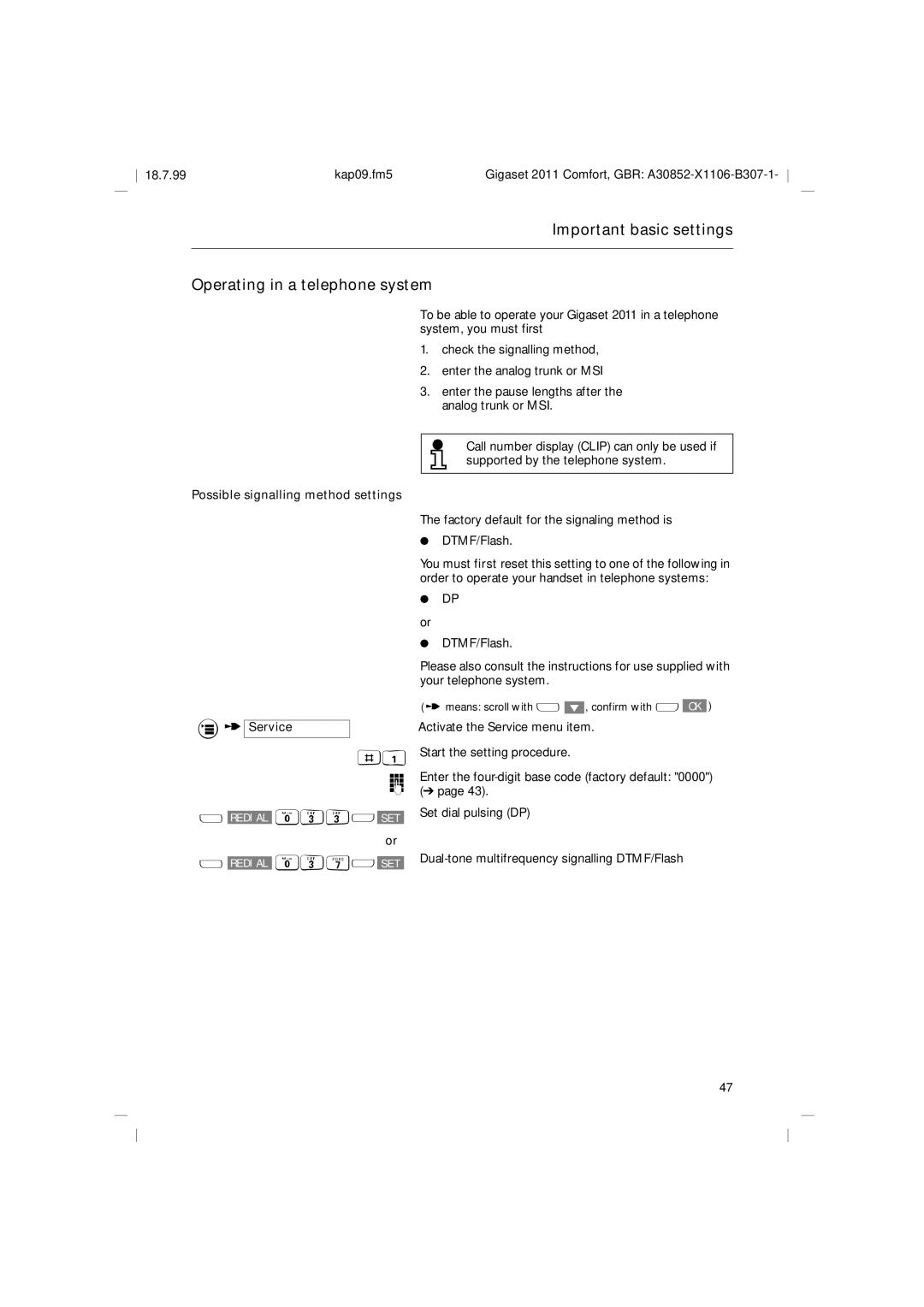 Siemens 2011 Important basic settings Operating in a telephone system, Possible signalling method settings 