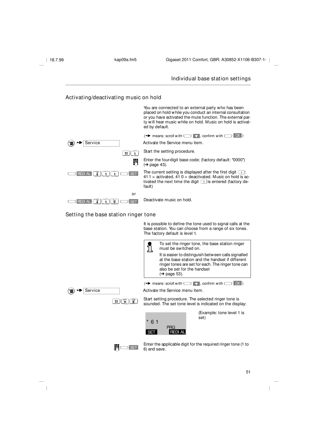 Siemens 2011 operating instructions Setting the base station ringer tone, Redial 411x SET Redial 41@x SET 