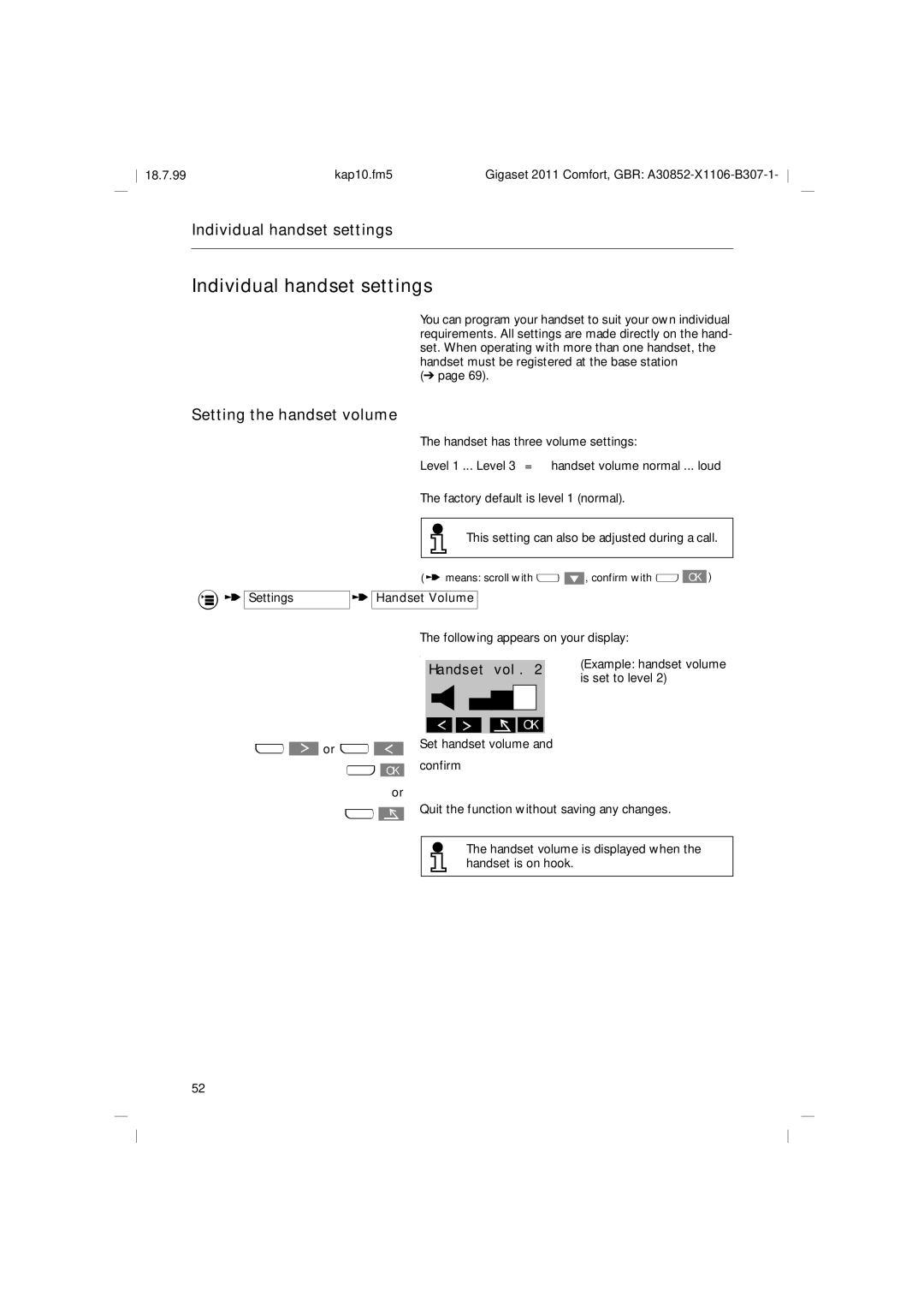 Siemens 2011 Individual handset settings, Setting the handset volume, Settings t Handset Volume, Or u x OK or 