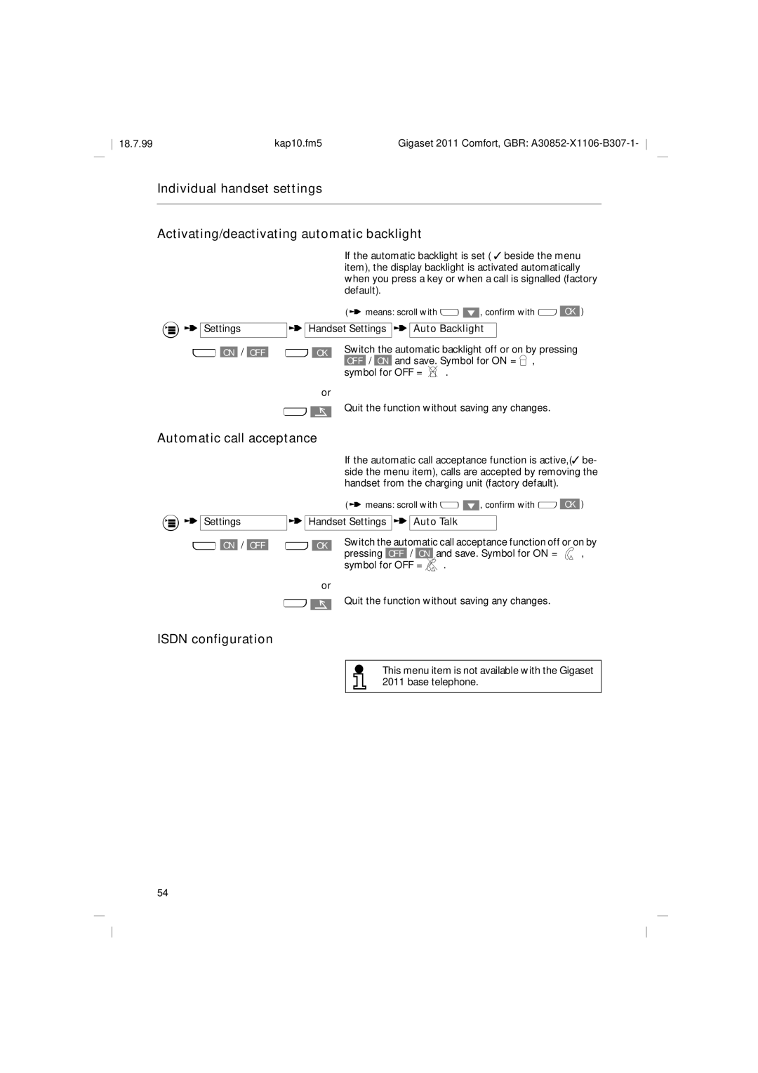 Siemens 2011 operating instructions Automatic call acceptance, Isdn configuration, Settings Handset Settings Auto Backlight 