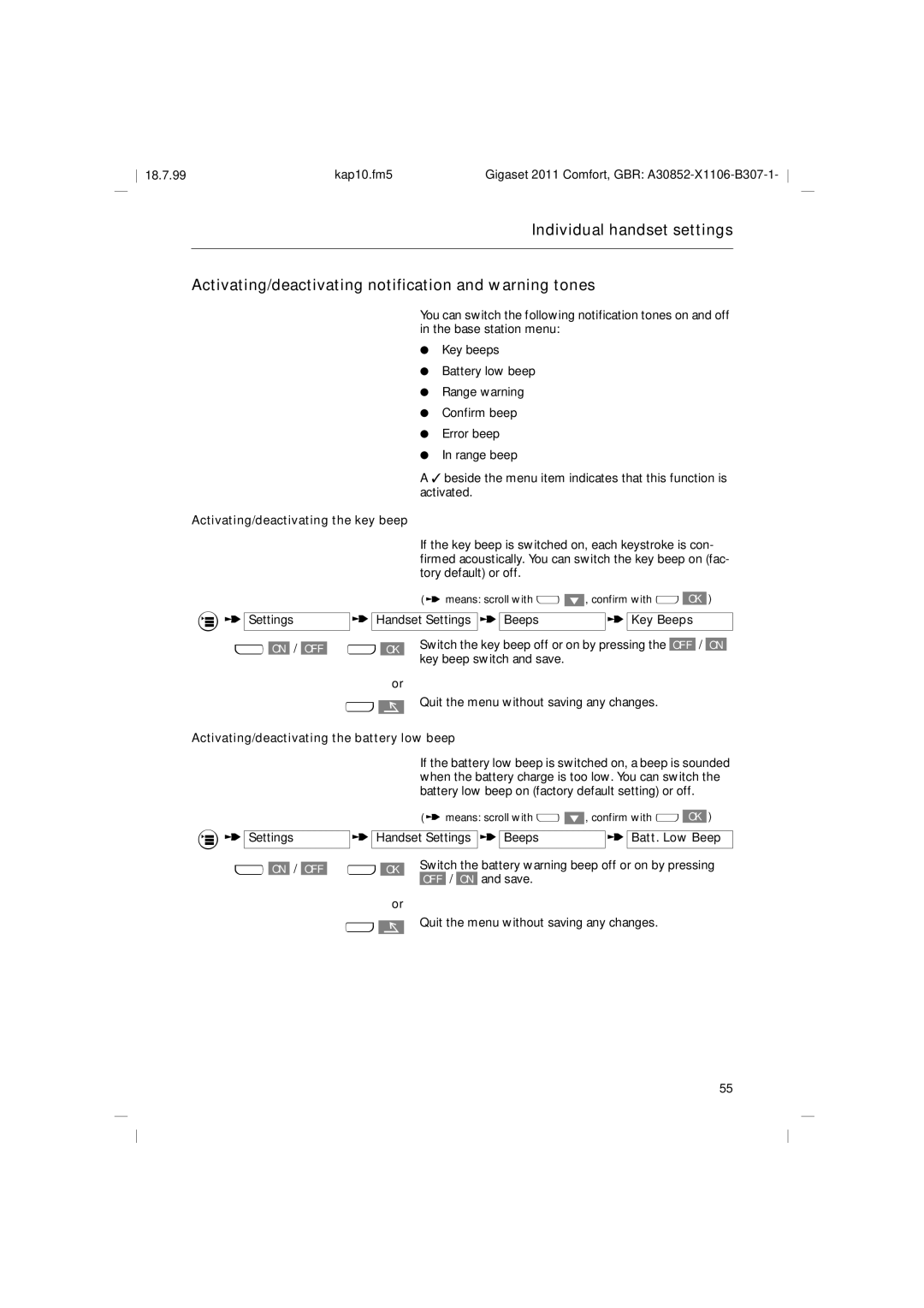 Siemens 2011 operating instructions Activating/deactivating the key beep, Handset Settings Beeps Key Beeps 