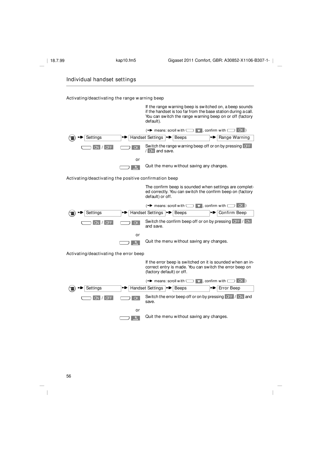 Siemens 2011 operating instructions Activating/deactivating the range warning beep, Handset Settings Beeps Range Warning 