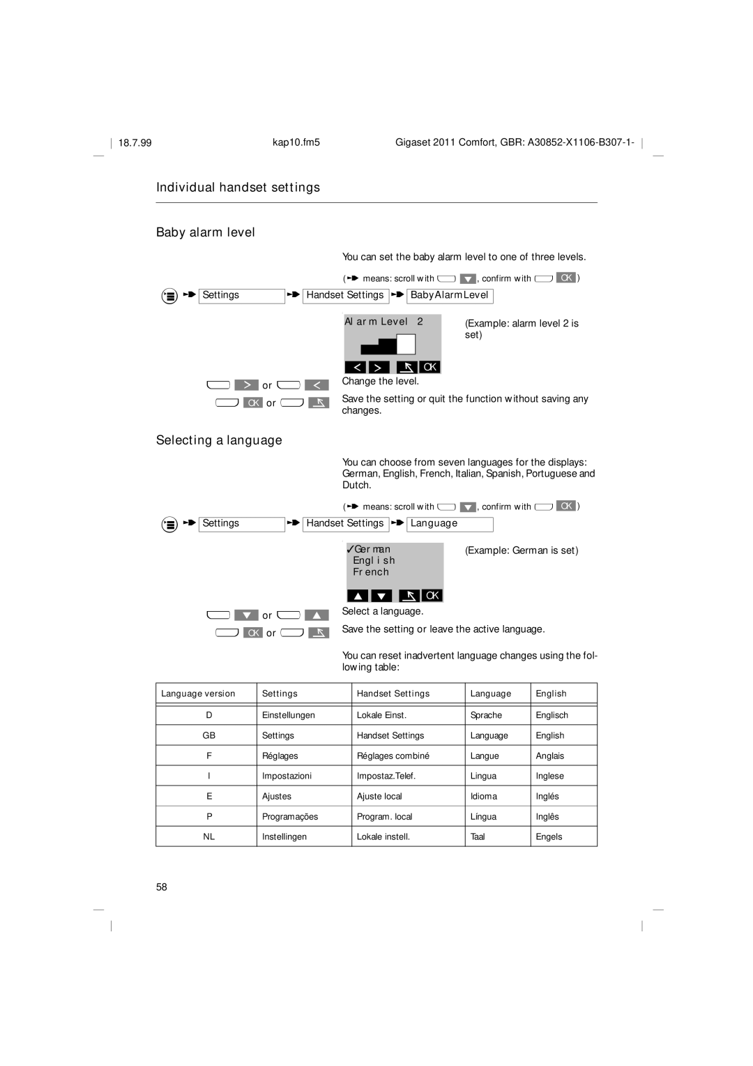 Siemens 2011 Individual handset settings Baby alarm level, Selecting a language, German, English French 