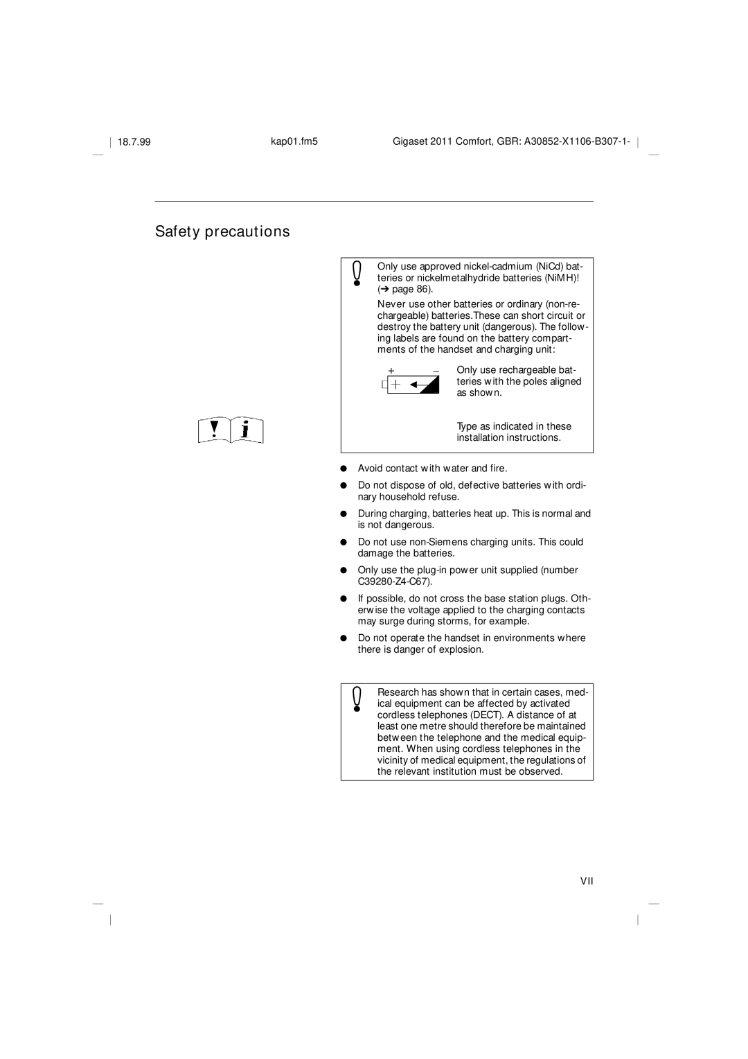 Siemens 2011 operating instructions Safety precautions, Only use rechargeable bat, As shown, Type as indicated in these 