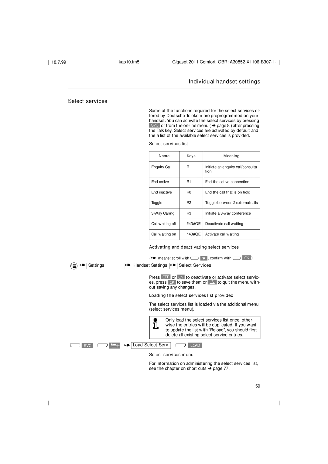 Siemens 2011 Individual handset settings Select services, Select services list, Loading the select services list provided 