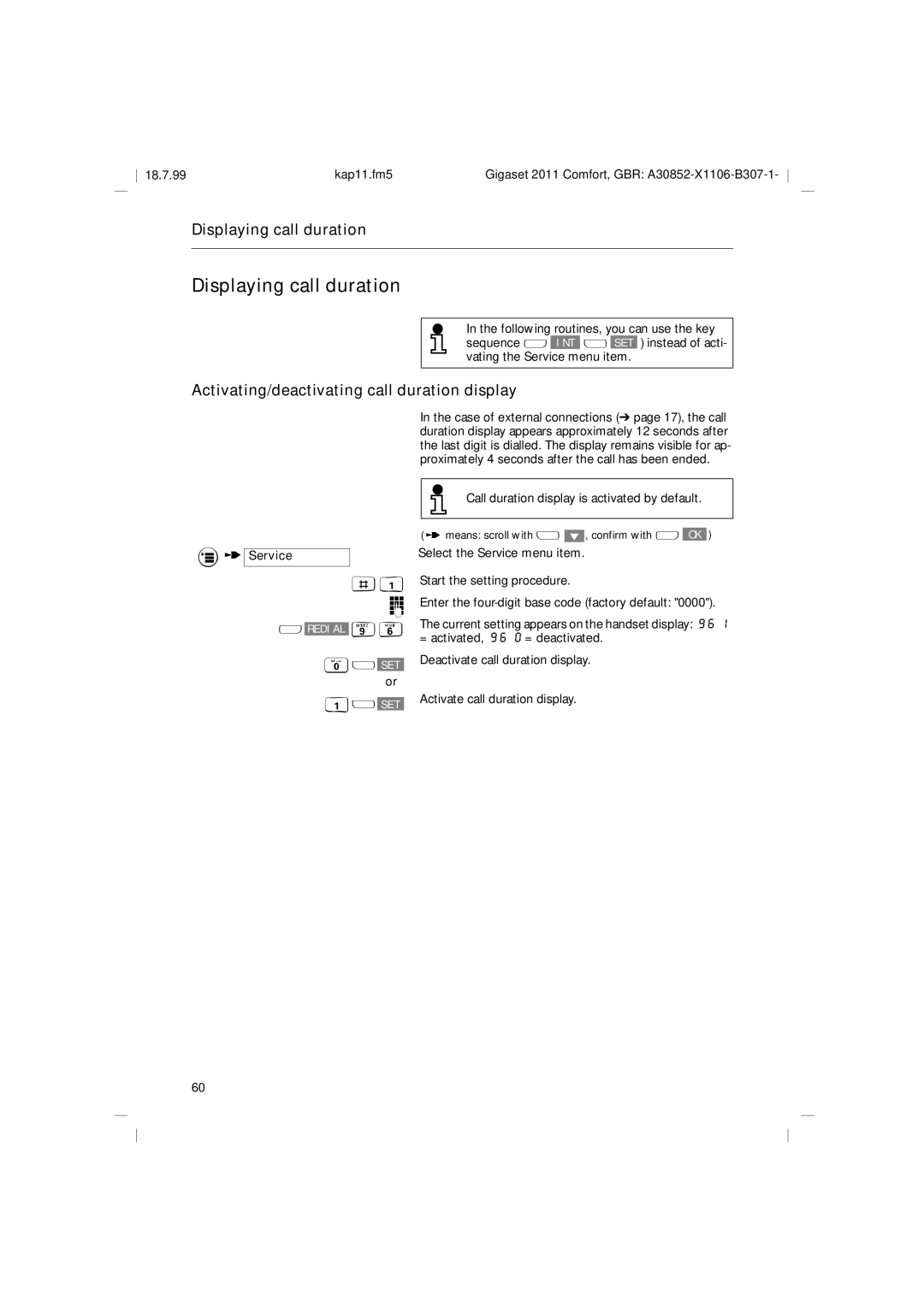 Siemens 2011 Displaying call duration, Activating/deactivating call duration display, @u SET or 1u SET 