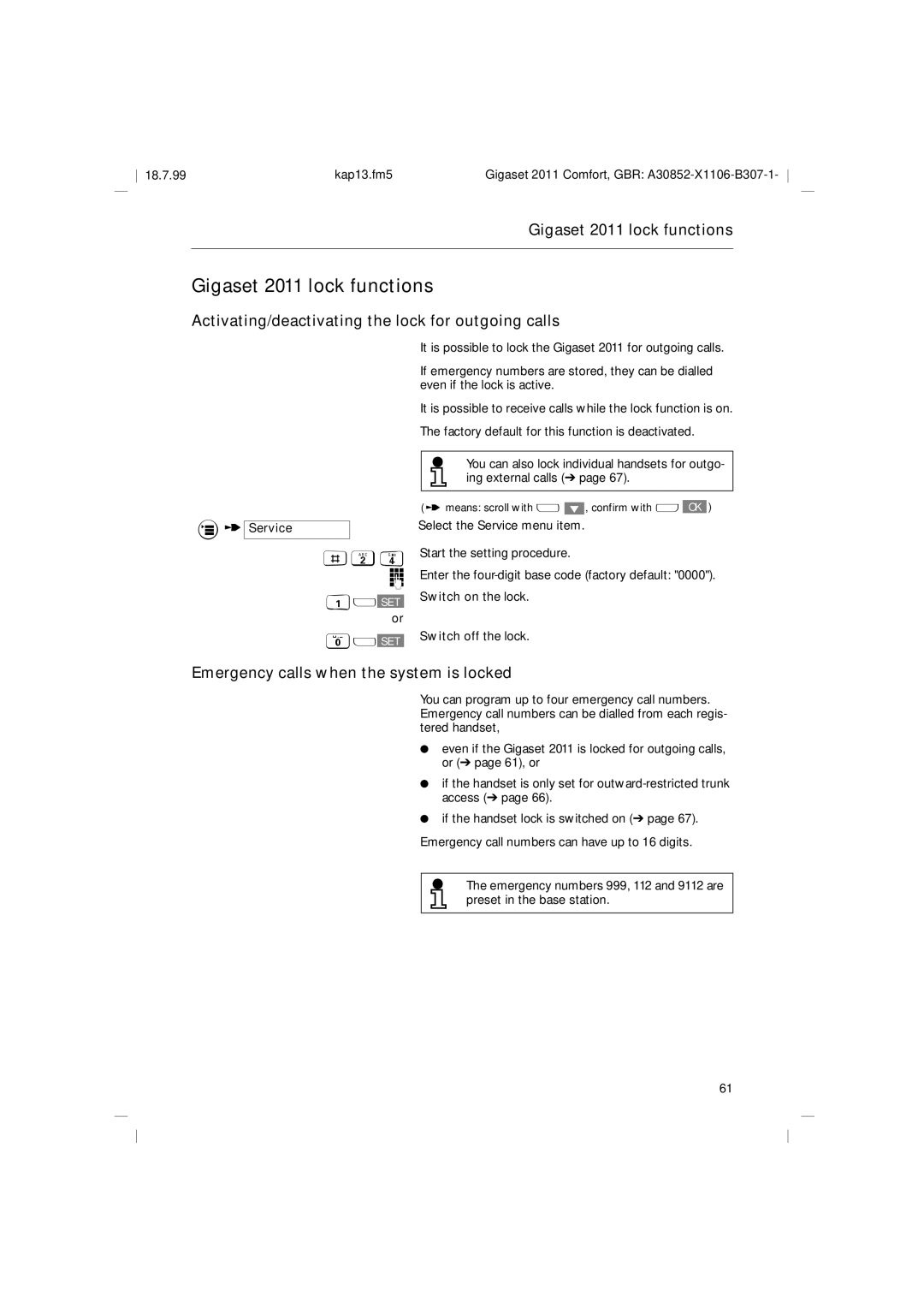 Siemens operating instructions Gigaset 2011 lock functions, Activating/deactivating the lock for outgoing calls 