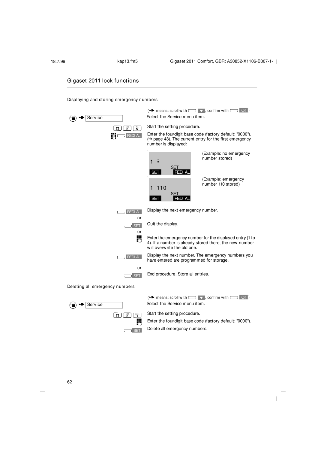 Siemens 2011 operating instructions Number stored, Example emergency, Number 110 stored, Deleting all emergency numbers 