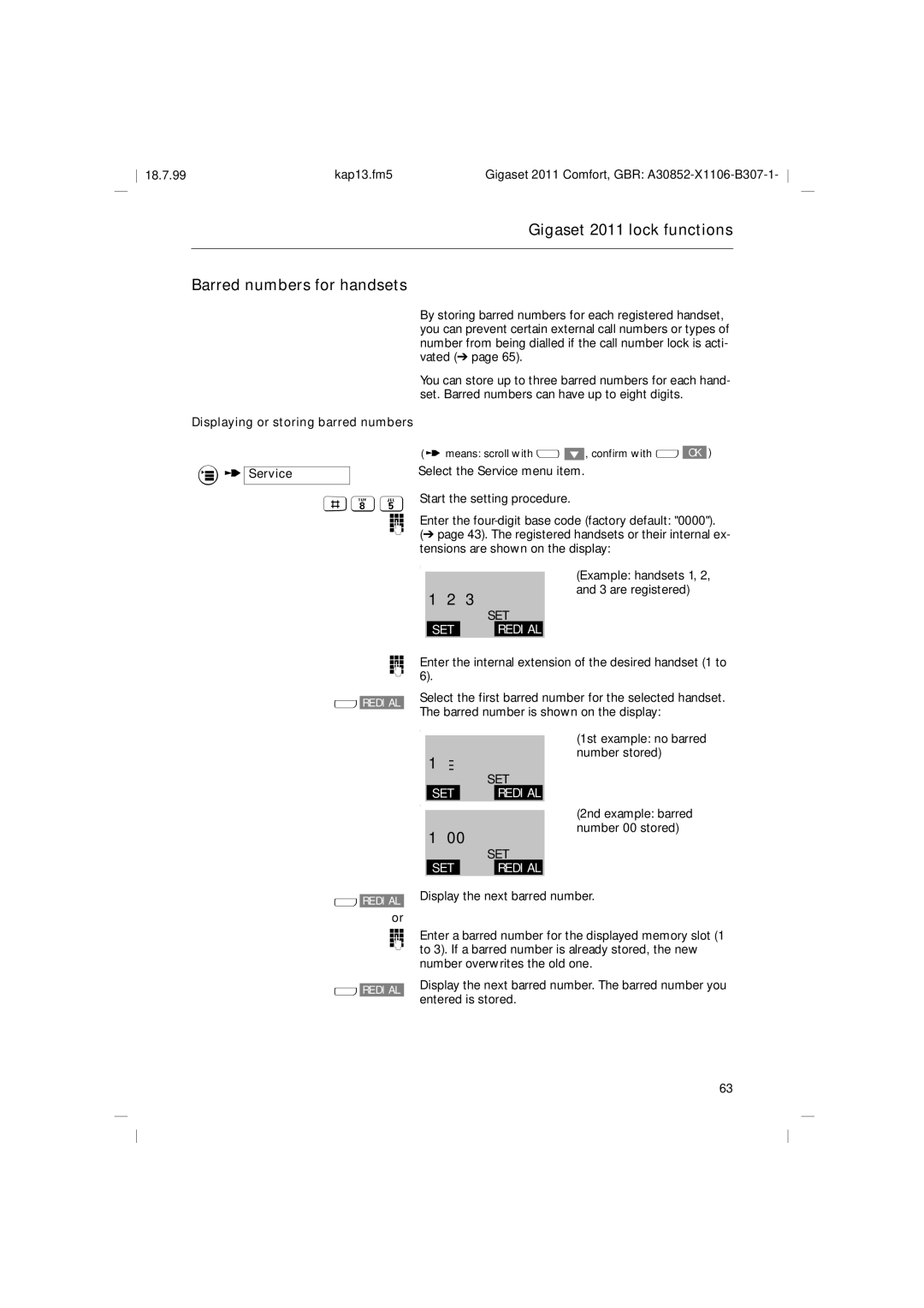 Siemens operating instructions Gigaset 2011 lock functions Barred numbers for handsets, Service #8 % 